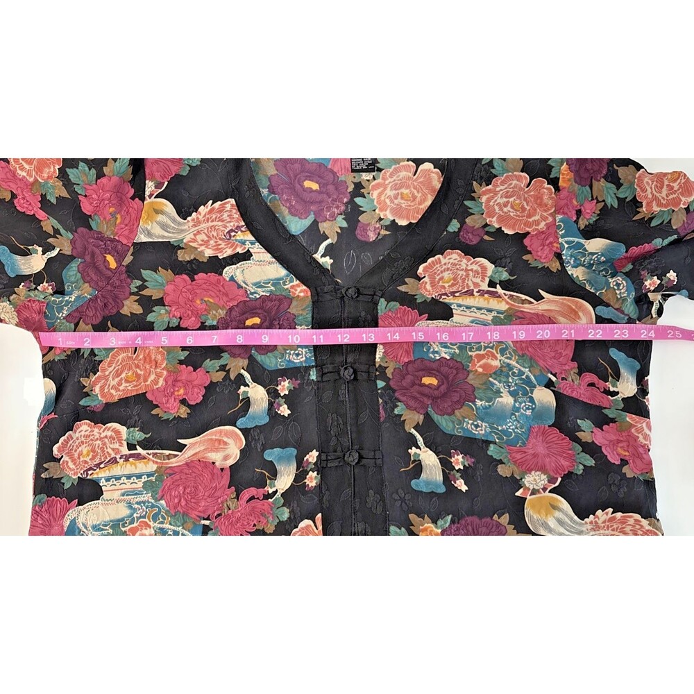 Citron Santa Monica Asian Print Silk Kimono Button Front Blouse Black Pink 1X - Picture 6 of 7